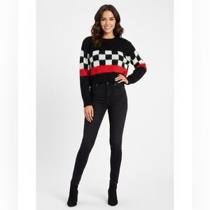 Nasty Gal Motorcross Jumper Black and Red Checkered Cropped Sweater NWT